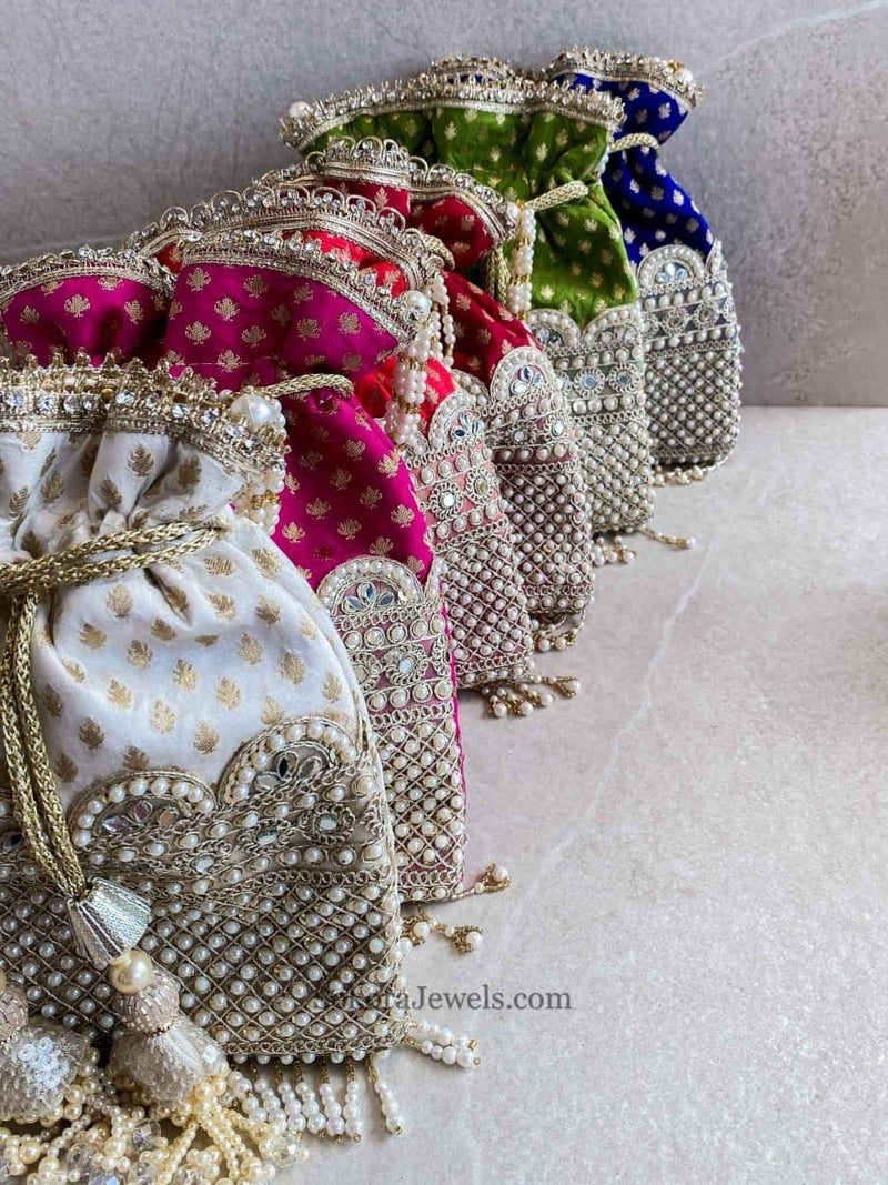 Pearl and Mirror detail Potli Bag - 6 Colour Options - SOKORA JEWELSPearl and Mirror detail Potli Bag - 6 Colour Options