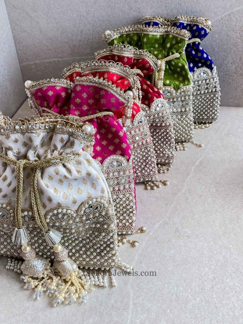 Pearl and Mirror detail Potli Bag - 6 Colour Options - SOKORA JEWELSPearl and Mirror detail Potli Bag - 6 Colour Options