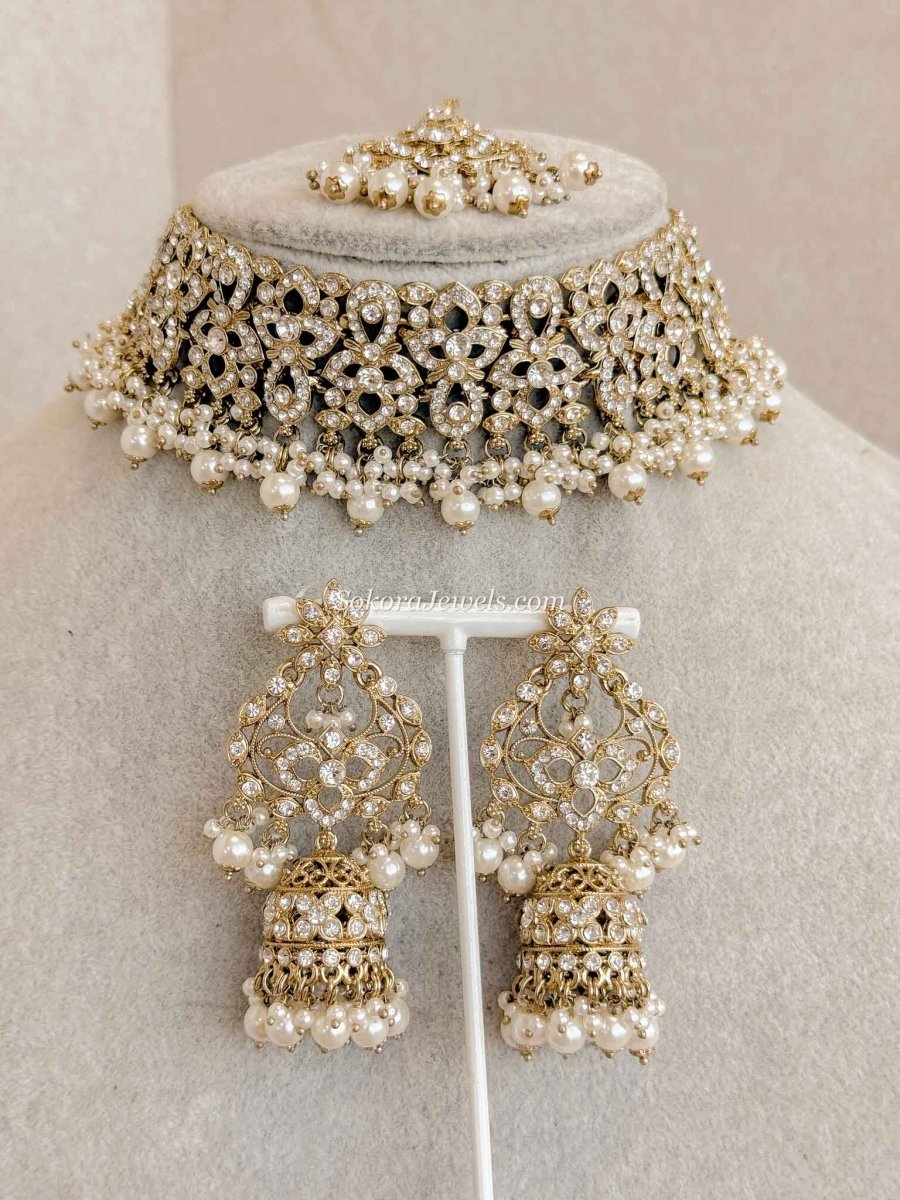 Pearl & Clear Crystal Choker set - SOKORA JEWELSPearl & Clear Crystal Choker set