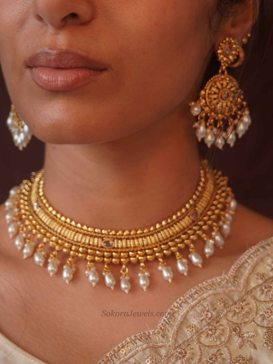 Pearl Drop Hasli Set – Champagne Zircon & Gold Tone Necklace Set - SOKORA JEWELSPearl Drop Hasli Set – Champagne Zircon & Gold Tone Necklace SetNECKLACE SETS