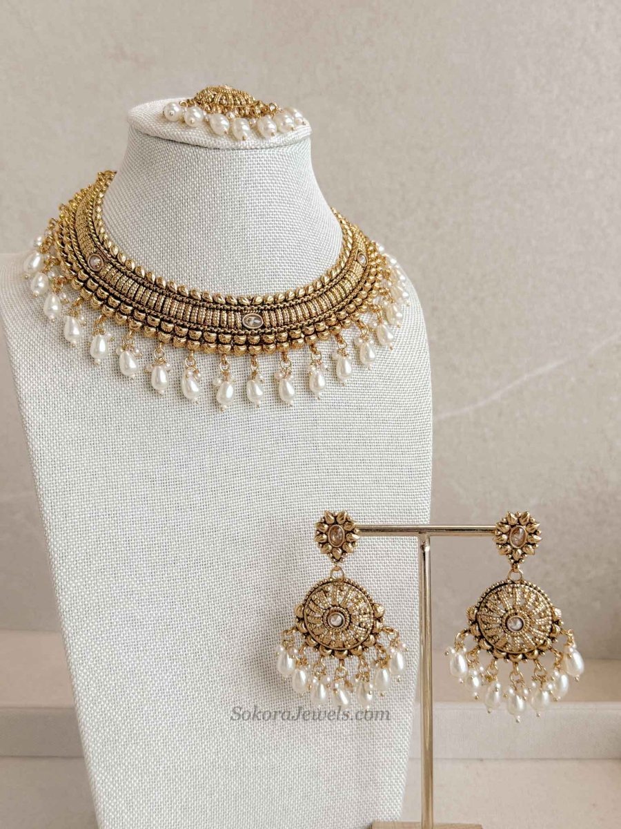 Pearl Drop Hasli Set – Champagne Zircon & Gold Tone Necklace Set - SOKORA JEWELSPearl Drop Hasli Set – Champagne Zircon & Gold Tone Necklace SetNECKLACE SETS