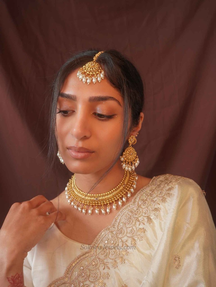 Pearl Drop Hasli Set – Champagne Zircon & Gold Tone Necklace Set - SOKORA JEWELSPearl Drop Hasli Set – Champagne Zircon & Gold Tone Necklace SetNECKLACE SETS