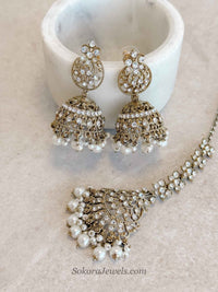 Pearl Jhumka Earrings with Tikka Set - SOKORA JEWELSPearl Jhumka Earrings with Tikka Set