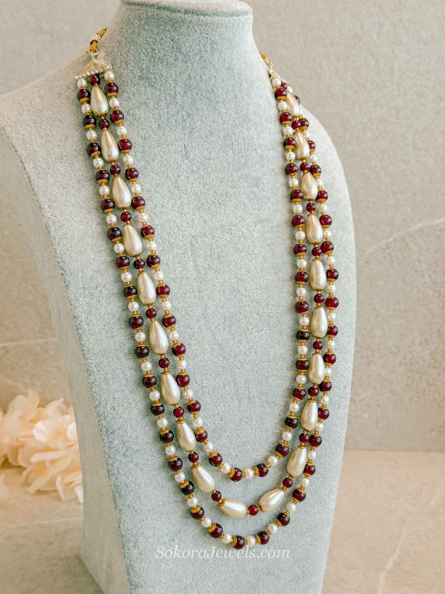 Pearl & Maroon Bead Mens Mala - SOKORA JEWELSPearl & Maroon Bead Mens Mala