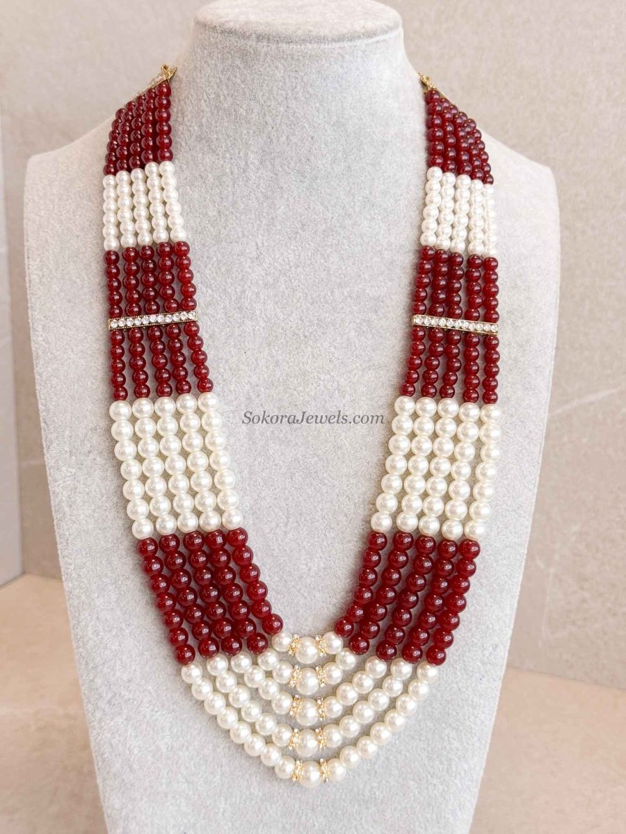 Pearl & Maroon Bead Mens Mala - SOKORA JEWELSPearl & Maroon Bead Mens Mala