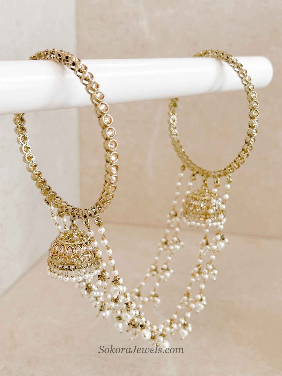 Pearl Strand Connected Jhumka Bangles - SOKORA JEWELSPearl Strand Connected Jhumka BanglesBANGLES