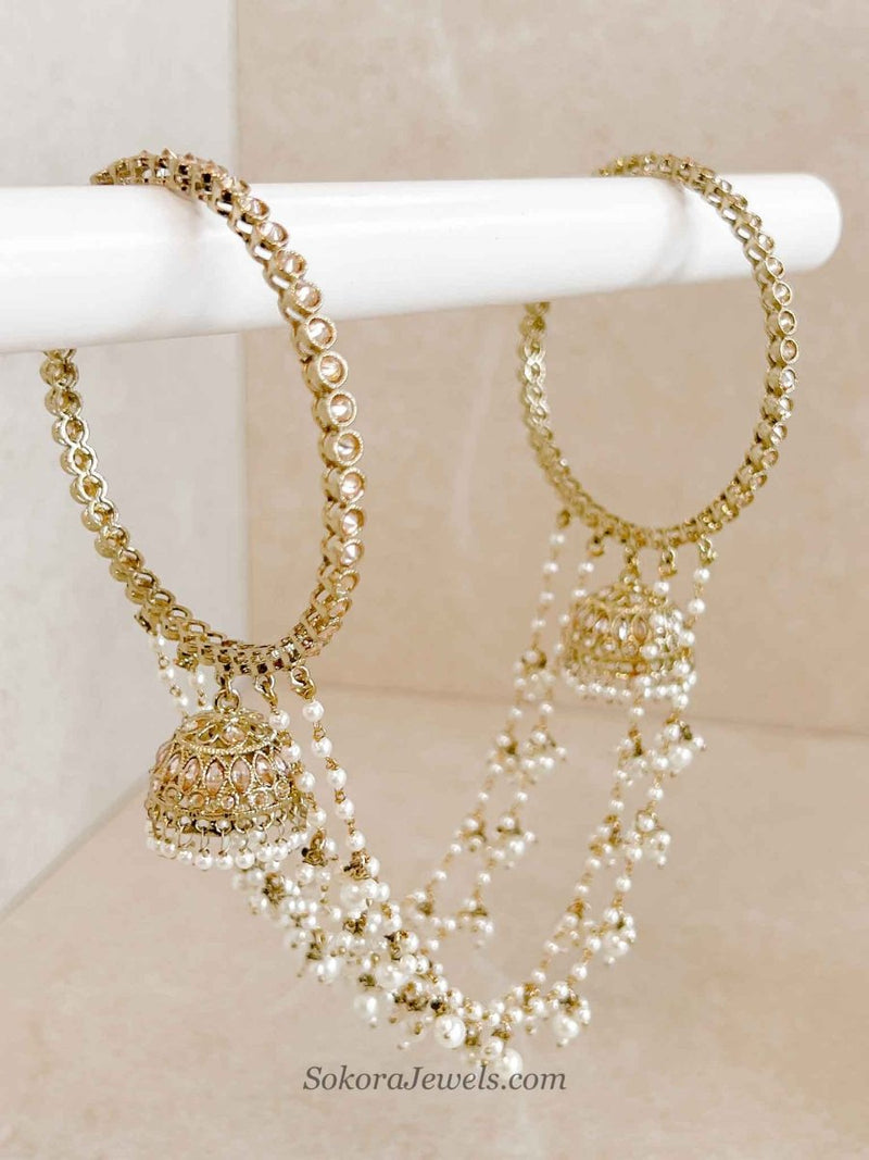 Pearl Strand Connected Jhumka Bangles - SOKORA JEWELSPearl Strand Connected Jhumka BanglesBANGLES