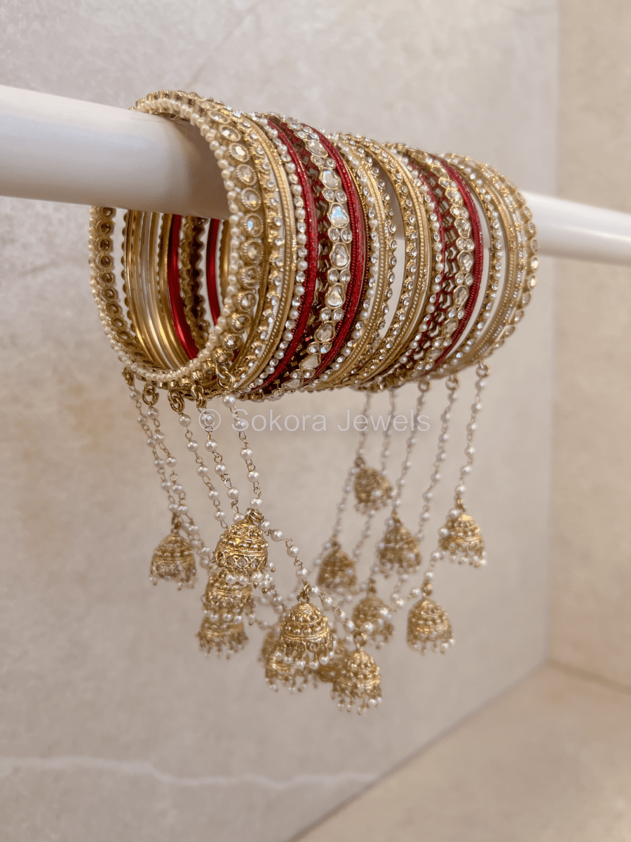 Pearl Strand Connected Jhumka Bangles - SOKORA JEWELSPearl Strand Connected Jhumka BanglesBANGLES