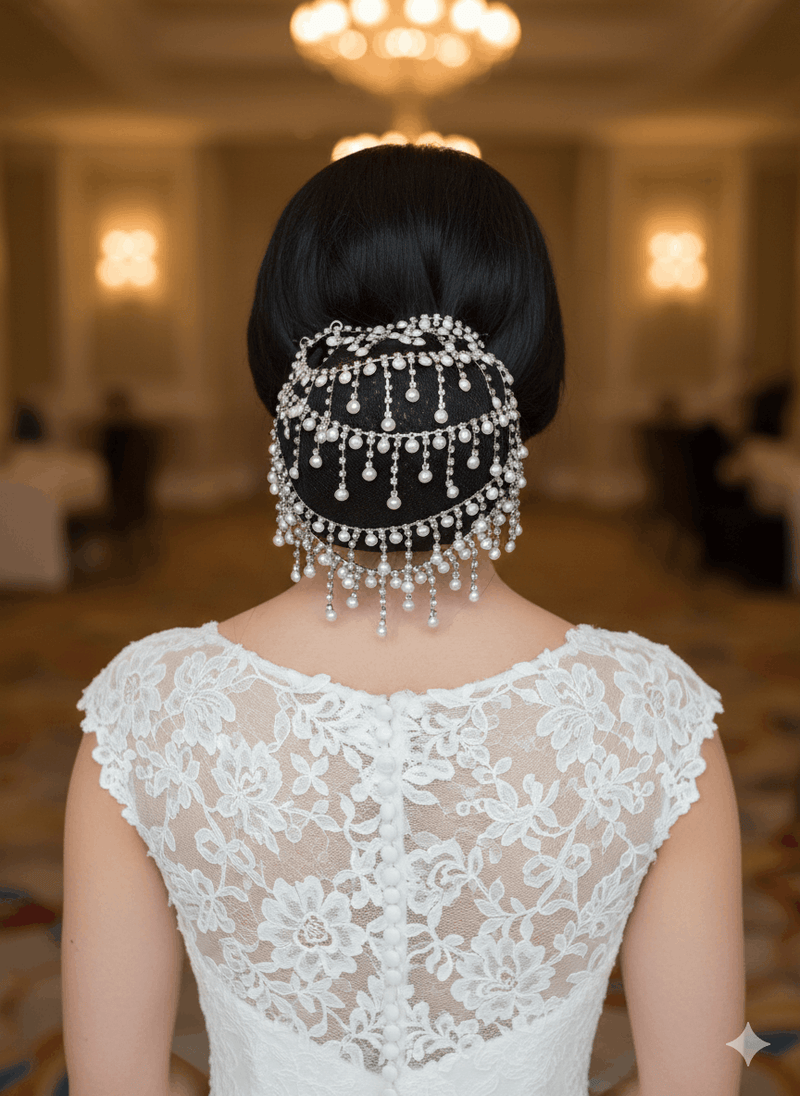 Pearl & Zircon Bridal Bun Drape – Full Coverage Hair Accessory - SOKORA JEWELSPearl & Zircon Bridal Bun Drape – Full Coverage Hair Accessory