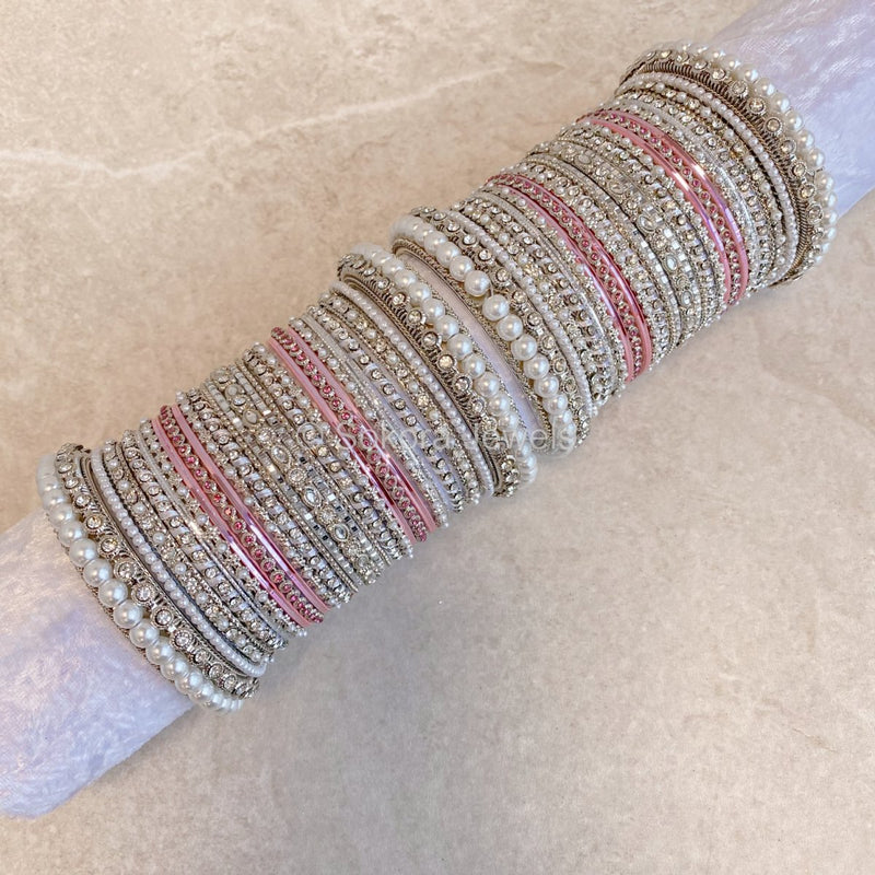 Pearly Bridal Bangle Set - Pink & Silver - SOKORA JEWELSPearly Bridal Bangle Set - Pink & SilverBANGLES