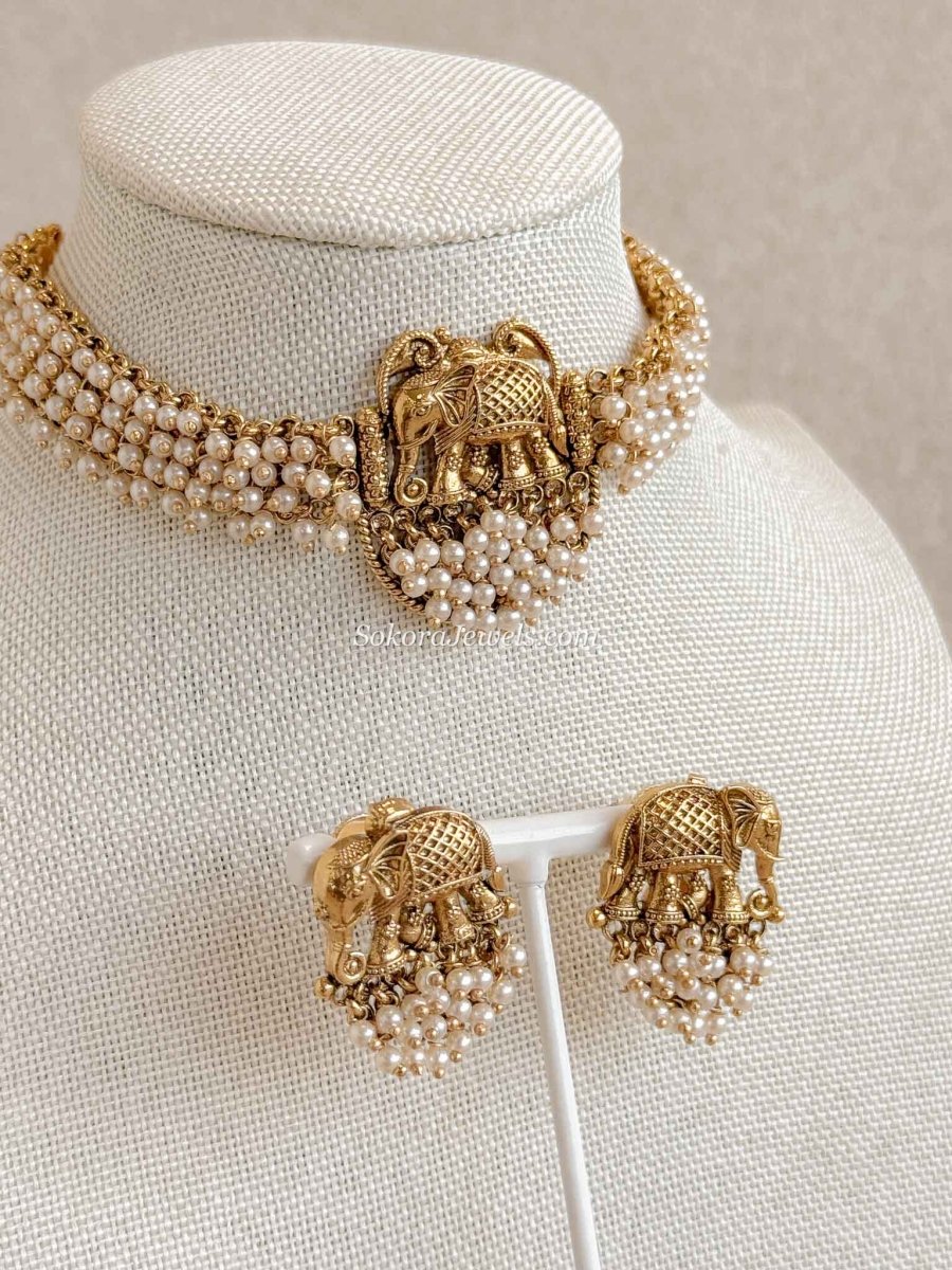 Pearly Elephant Motif Choker set - SOKORA JEWELSPearly Elephant Motif Choker setNECKLACE SETS