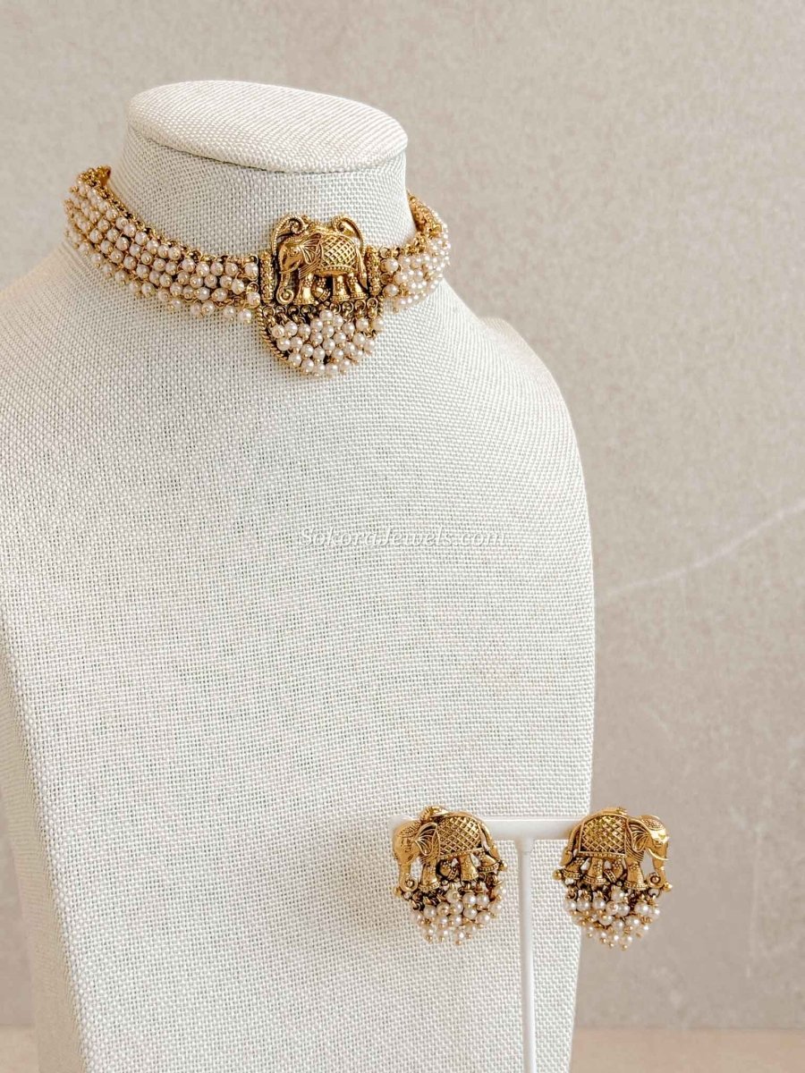 Pearly Elephant Motif Choker set - SOKORA JEWELSPearly Elephant Motif Choker setNECKLACE SETS