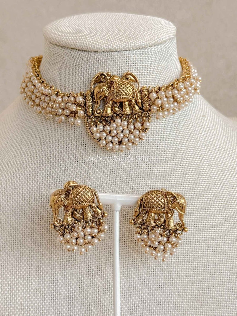Pearly Elephant Motif Choker set - SOKORA JEWELSPearly Elephant Motif Choker setNECKLACE SETS