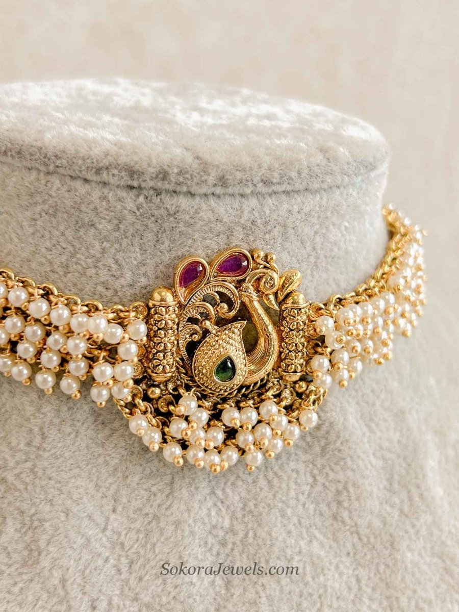 Pearly Peacock Motif Choker set - SOKORA JEWELSPearly Peacock Motif Choker setNECKLACE SETS