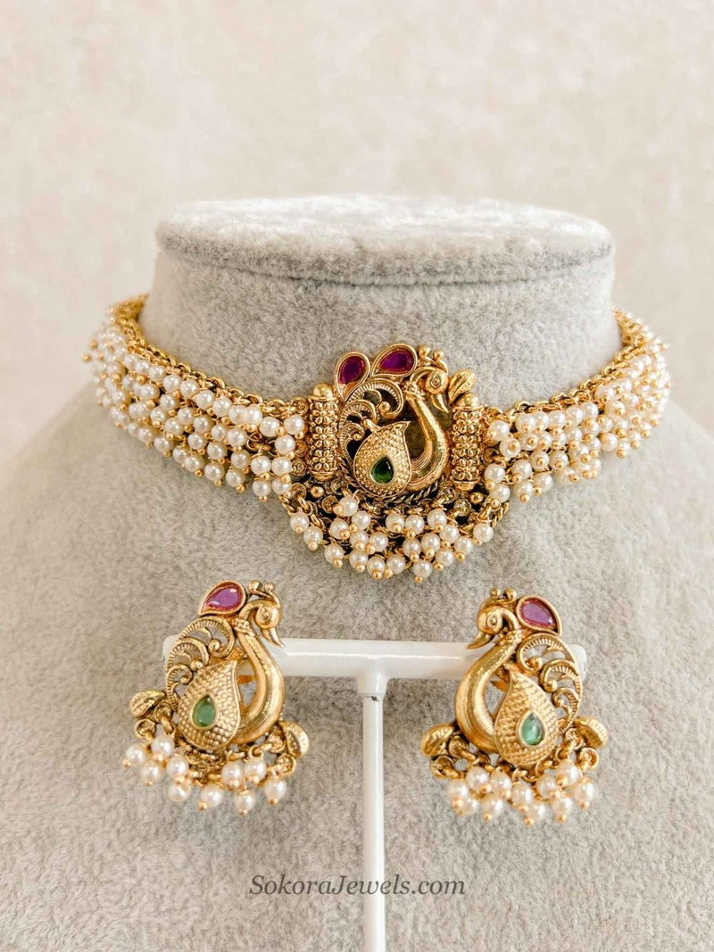 Pearly Peacock Motif Choker set - SOKORA JEWELSPearly Peacock Motif Choker setNECKLACE SETS