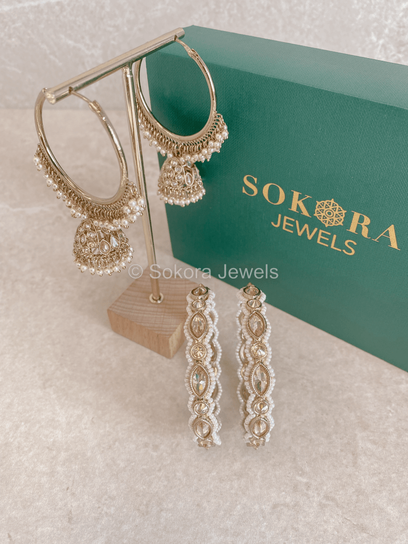 Pernia Earrings & Kada Box Set - Champagne - SOKORA JEWELSPernia Earrings & Kada Box Set - ChampagneBANGLES