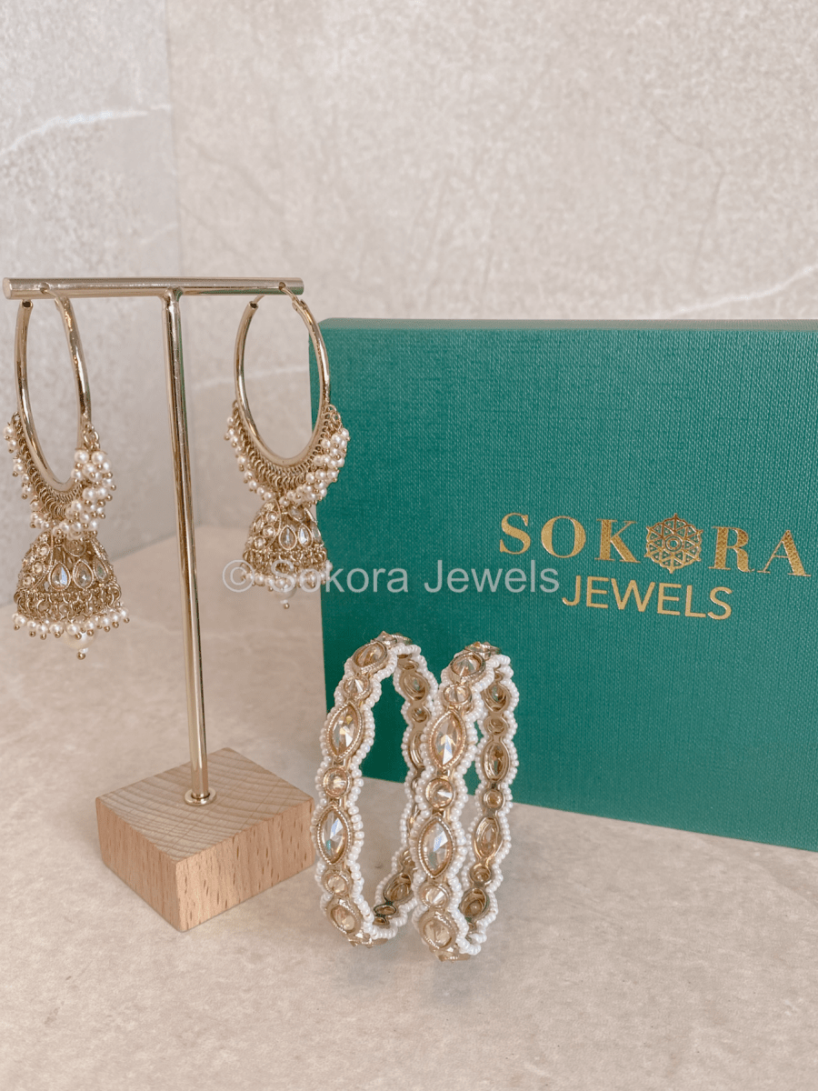 Pernia Earrings & Kada Box Set - Champagne - SOKORA JEWELSPernia Earrings & Kada Box Set - ChampagneBANGLES