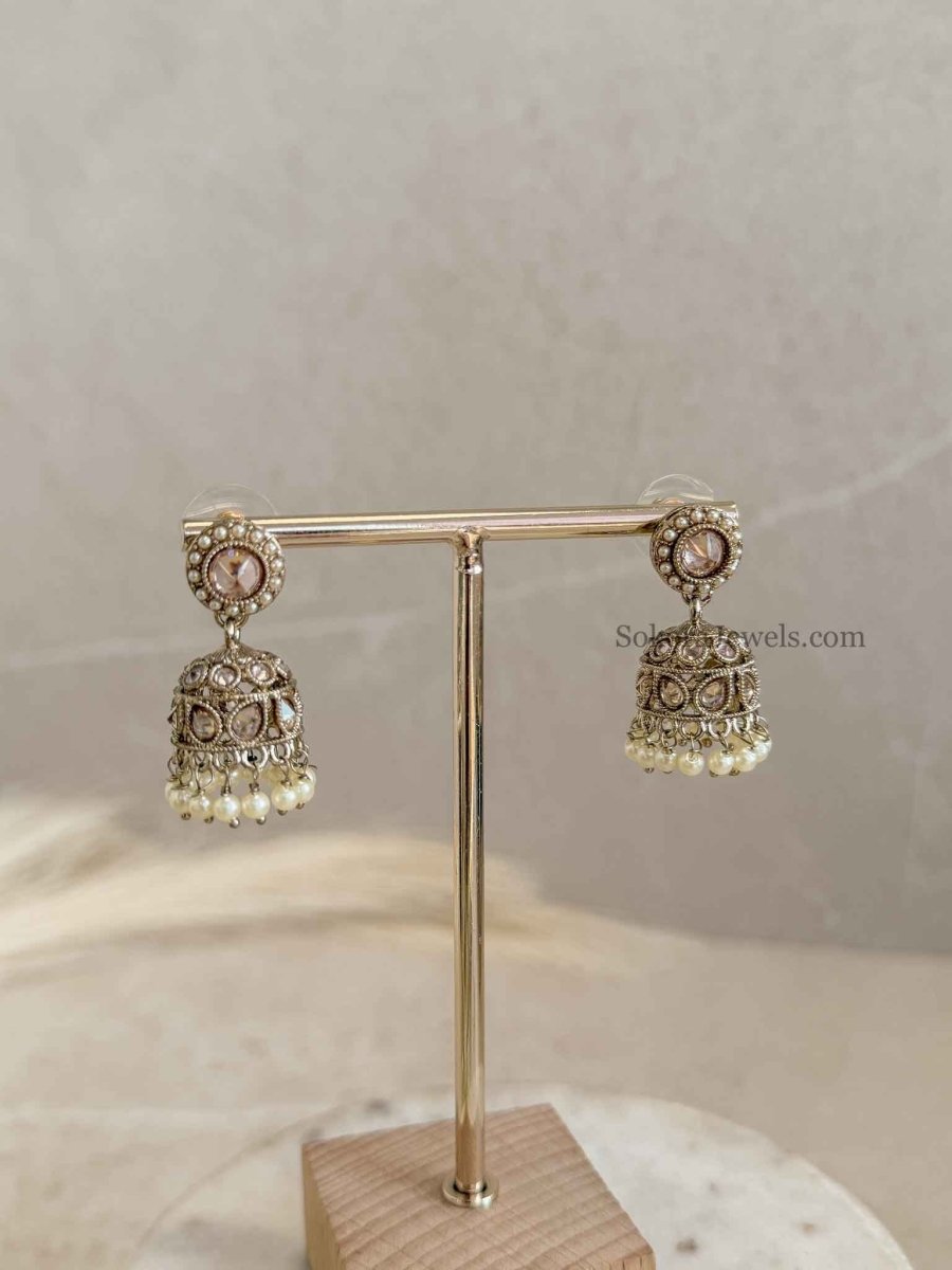 Petite Antique Gold Champagne Jhumka Earrings - SOKORA JEWELSPetite Antique Gold Champagne Jhumka Earrings