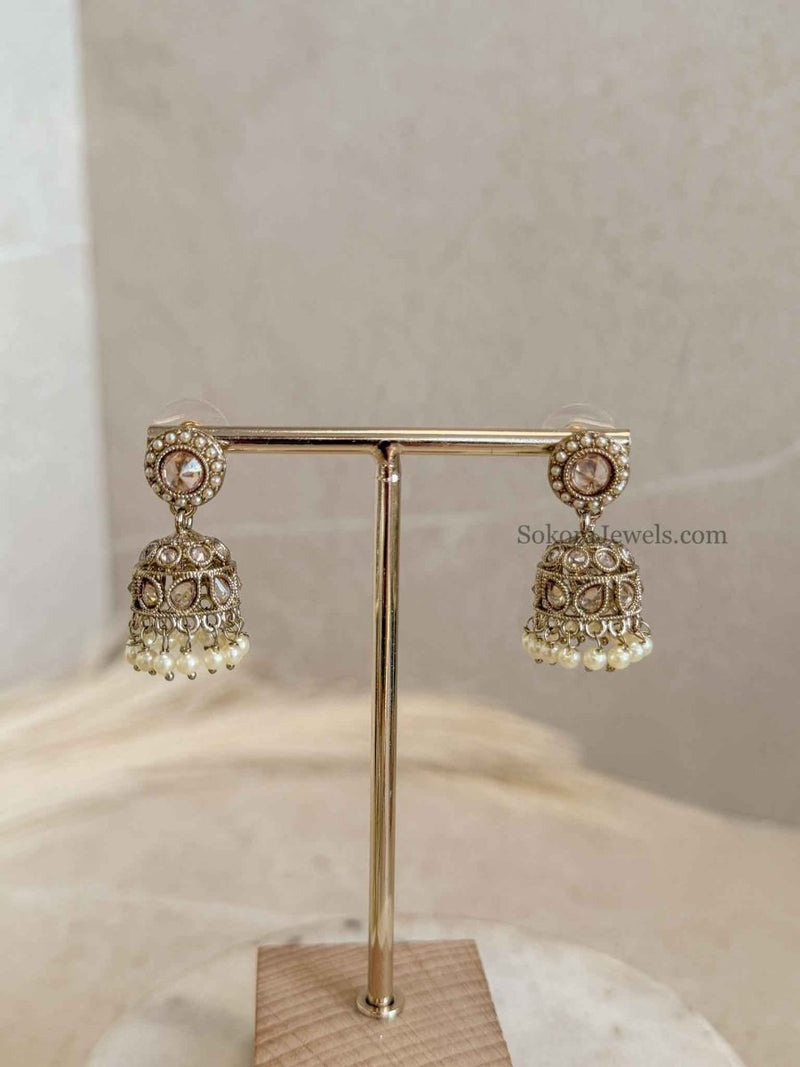 Petite Antique Gold Champagne Jhumka Earrings - SOKORA JEWELSPetite Antique Gold Champagne Jhumka Earrings