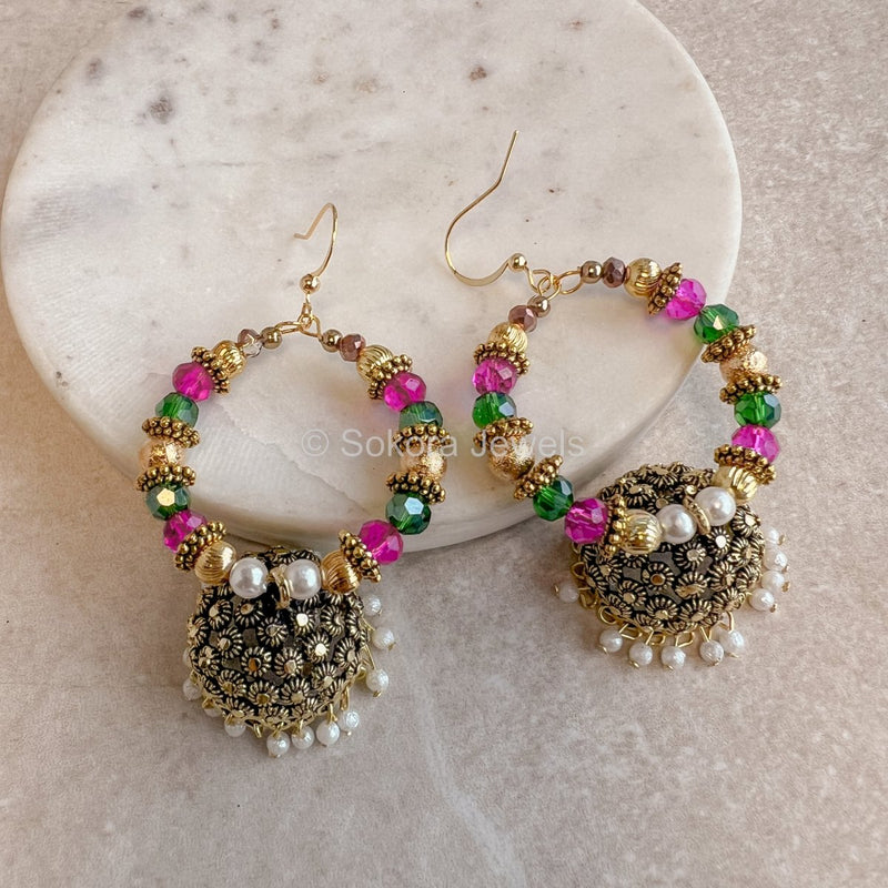 Pink and Green Jhumka Hoops - SOKORA JEWELSPink and Green Jhumka Hoops