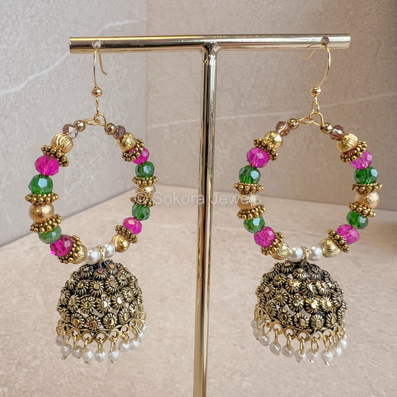 Pink and Green Jhumka Hoops - SOKORA JEWELSPink and Green Jhumka Hoops