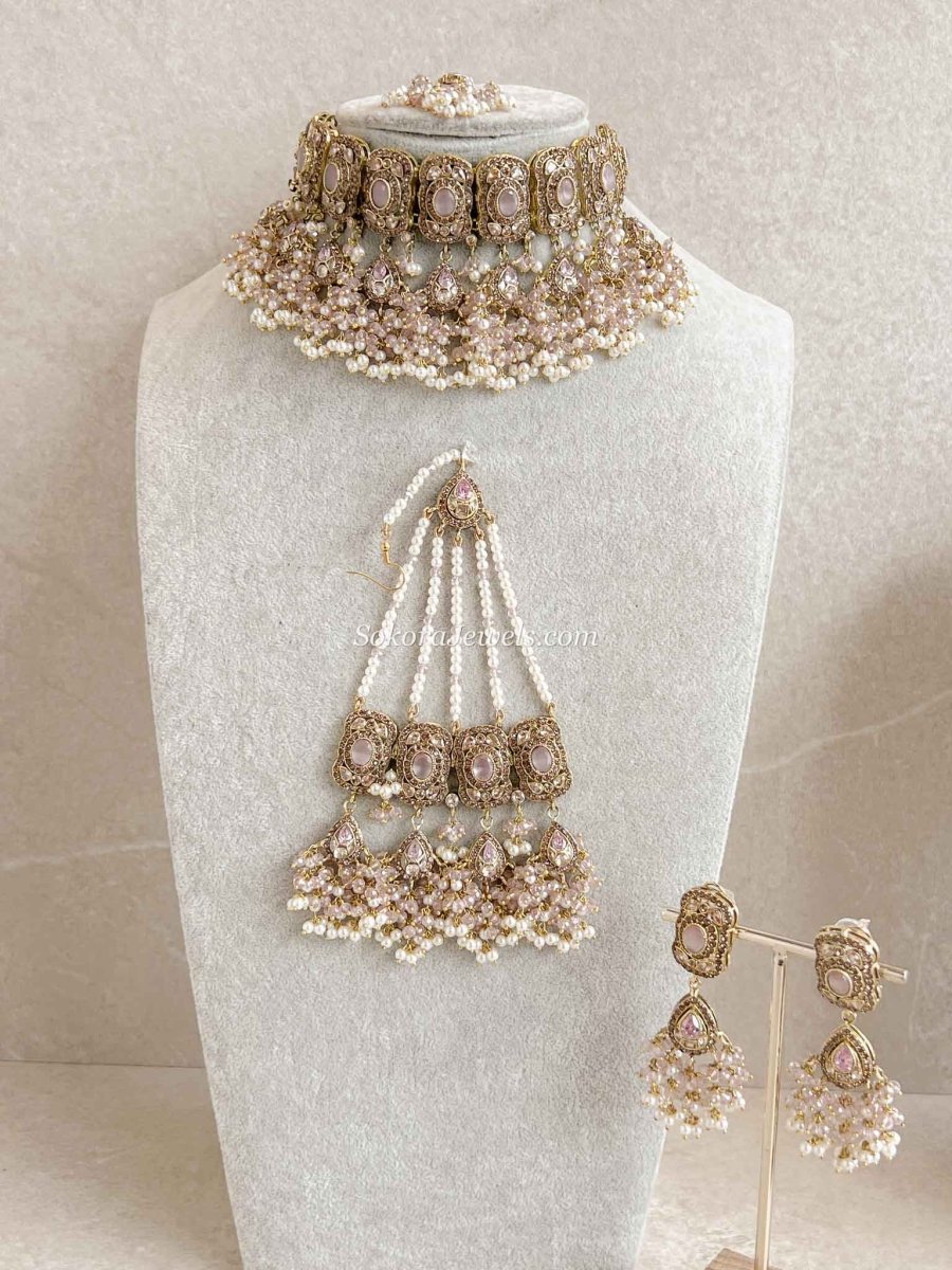 Pink Bridal Choker Set - SOKORA JEWELSPink Bridal Choker Set
