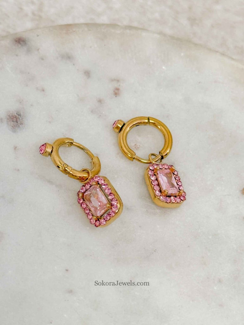 Pink Crystal Charm Small Hoops - SOKORA JEWELSPink Crystal Charm Small Hoops