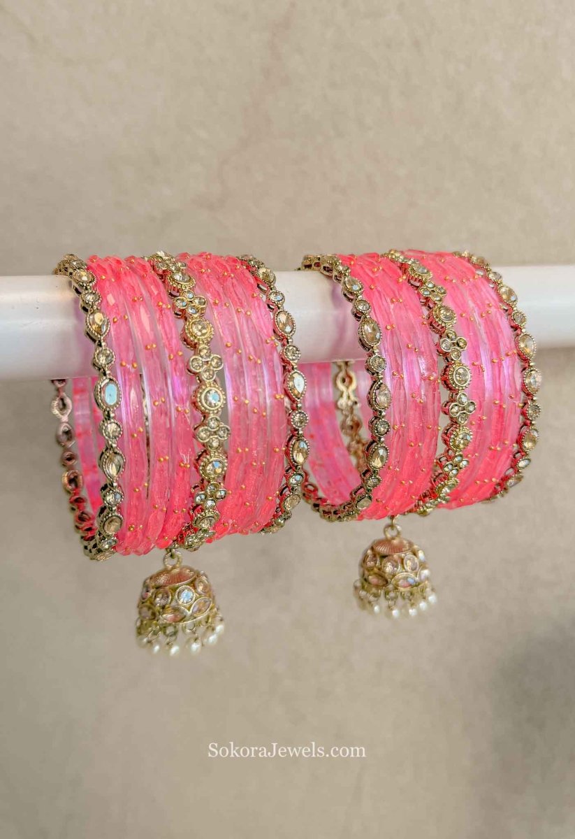 Pink Glass & Jhumka Occasion Bangle Set - SOKORA JEWELSPink Glass & Jhumka Occasion Bangle SetBANGLES