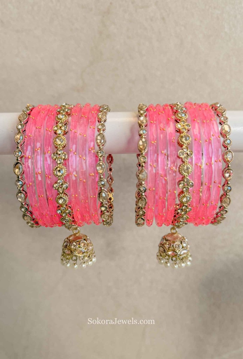 Pink Glass & Jhumka Occasion Bangle Set - SOKORA JEWELSPink Glass & Jhumka Occasion Bangle SetBANGLES