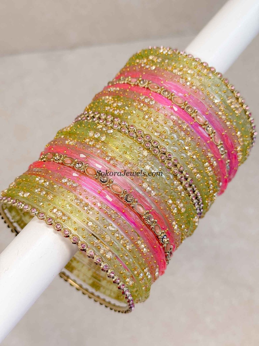 Pink & Green Glass Bangle set - 2.10 - SOKORA JEWELSPink & Green Glass Bangle set - 2.10BANGLES
