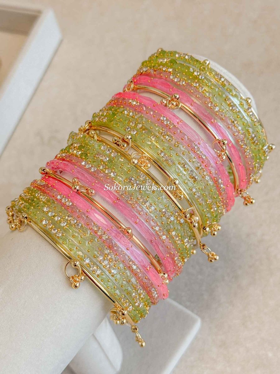 Pink & Green Glass Bangle set - 2.10 - SOKORA JEWELSPink & Green Glass Bangle set - 2.10BANGLES