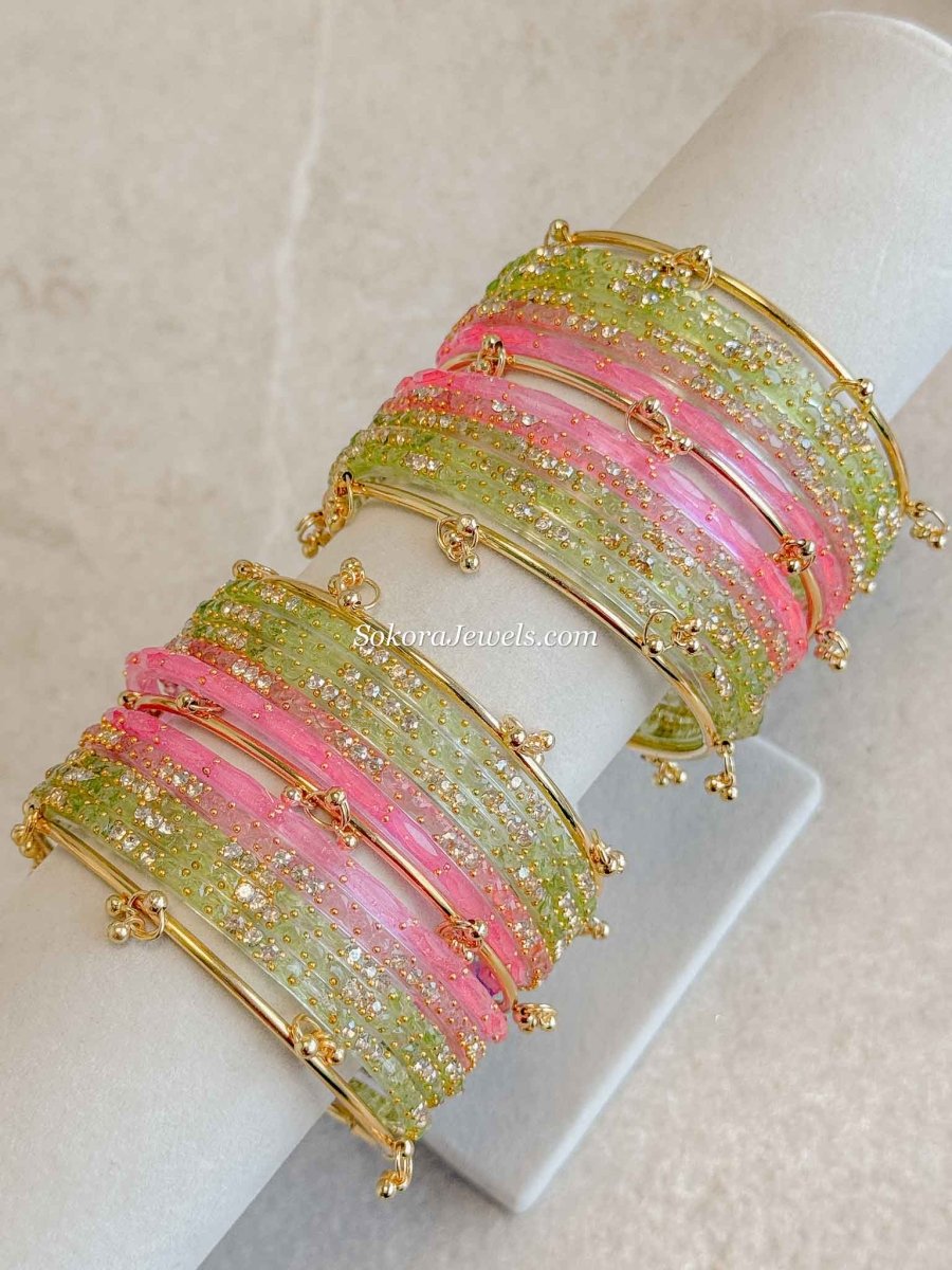 Pink & Green Glass Bangle set - 2.10 - SOKORA JEWELSPink & Green Glass Bangle set - 2.10BANGLES