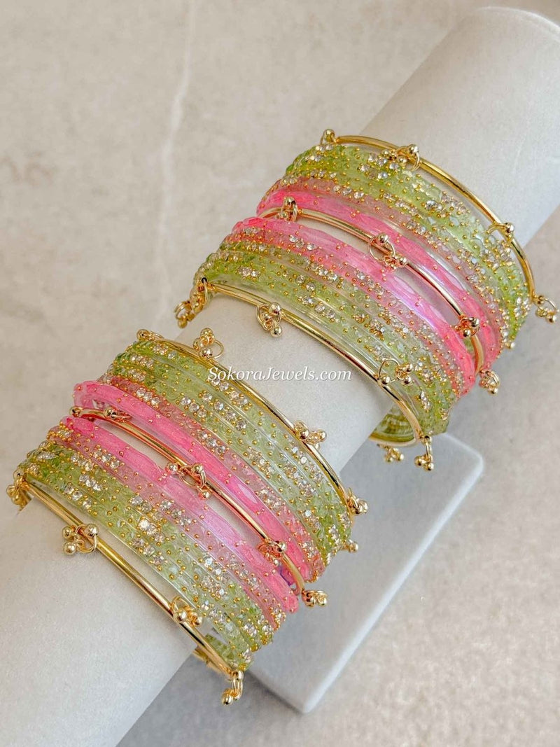 Pink & Green Glass Bangle set - 2.10 - SOKORA JEWELSPink & Green Glass Bangle set - 2.10BANGLES