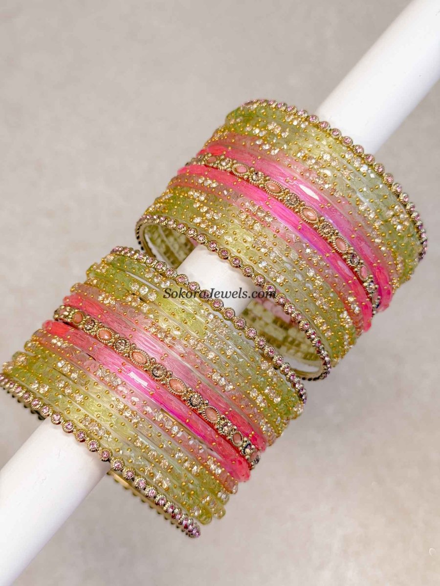 Pink & Green Glass Bangle set - 2.10 - SOKORA JEWELSPink & Green Glass Bangle set - 2.10BANGLES
