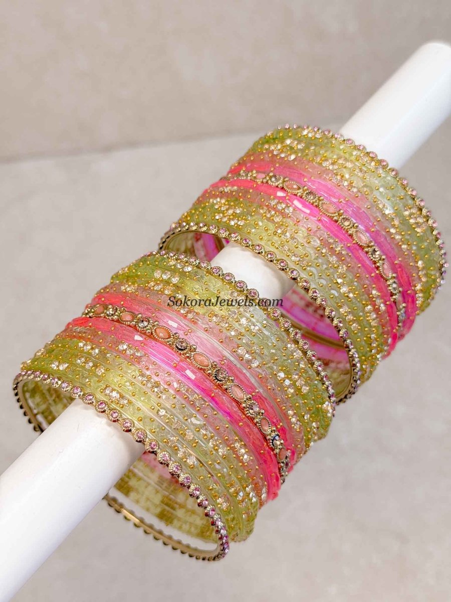 Pink & Green Glass Bangle set - 2.10 - SOKORA JEWELSPink & Green Glass Bangle set - 2.10BANGLES
