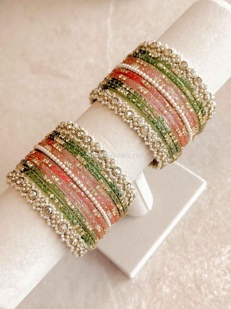 Pink & Green Glass Bangle set - 2.6 - SOKORA JEWELSPink & Green Glass Bangle set - 2.6BANGLES