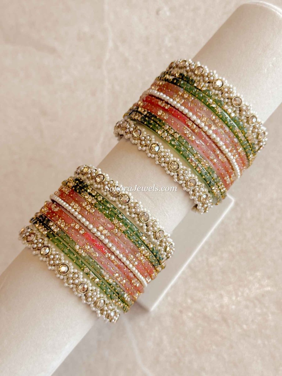 Pink & Green Glass Bangle set - 2.6 - SOKORA JEWELSPink & Green Glass Bangle set - 2.6BANGLES