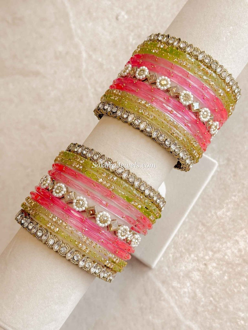 Pink & Green Glass Bangle set - 2.8 - SOKORA JEWELSPink & Green Glass Bangle set - 2.8BANGLES