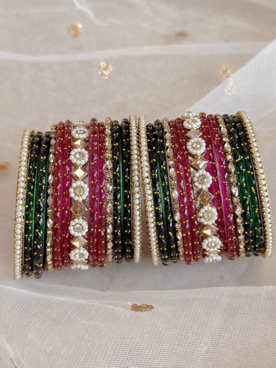 Pink & Green Glass Bangle set in 2.6 - SOKORA JEWELSPink & Green Glass Bangle set in 2.6BANGLES