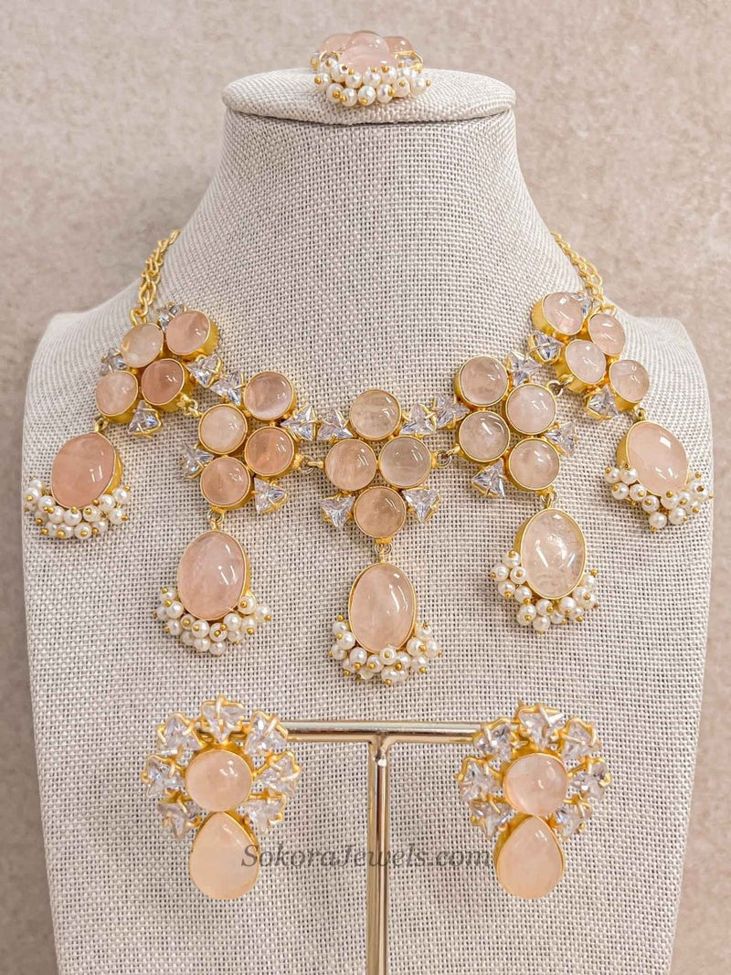 Pink Peach Gem Stone Necklace Set - SOKORA JEWELSPink Peach Gem Stone Necklace Set