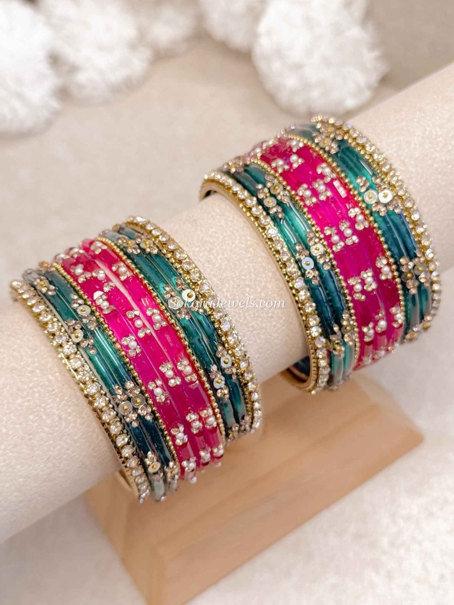 Pink & Teal Glass Bangle set - 2.6 - SOKORA JEWELSPink & Teal Glass Bangle set - 2.6BANGLES