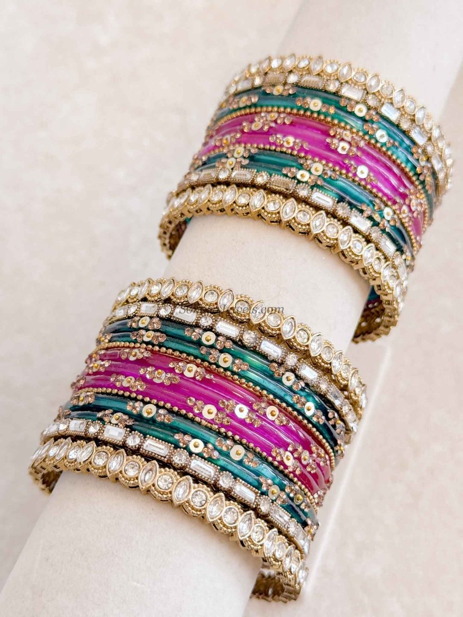 Pink & Teal Glass Bangles Set - SOKORA JEWELSPink & Teal Glass Bangles SetBANGLES