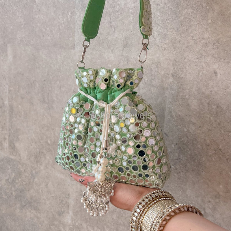 Polka Dot Mirror Detail Bag - Silver & Mint - SOKORA JEWELSPolka Dot Mirror Detail Bag - Silver & Mint