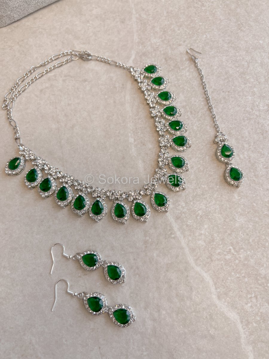 Preeti Silver Set - Green - SOKORA JEWELSPreeti Silver Set - GreenNECKLACE SETS