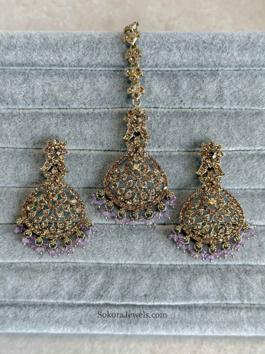 Priyansha Colourful Beaded Earrings & Tikka Set - Golden - SOKORA JEWELSPriyansha Colourful Beaded Earrings & Tikka Set - Golden