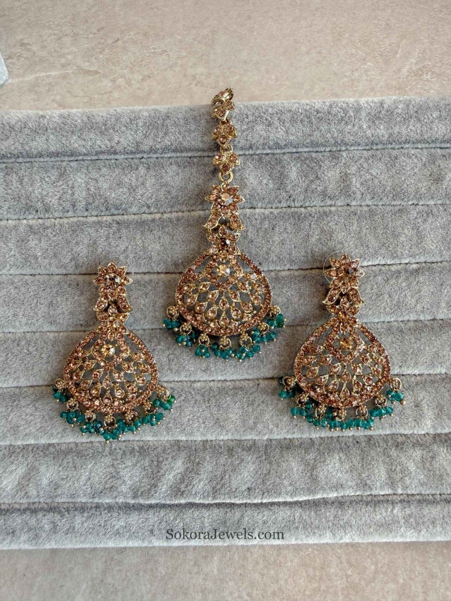 Priyansha Colourful Beaded Earrings & Tikka Set - Golden - SOKORA JEWELSPriyansha Colourful Beaded Earrings & Tikka Set - Golden