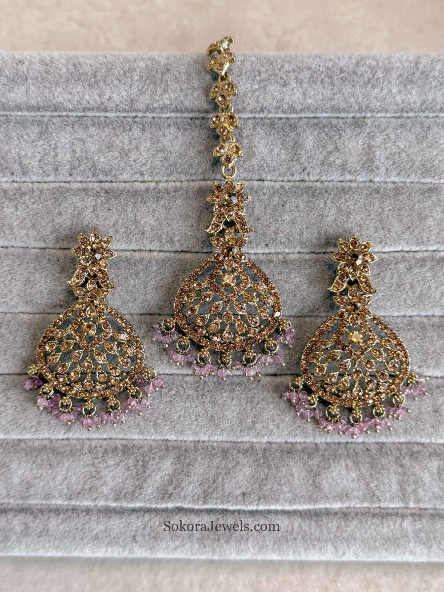 Priyansha Colourful Beaded Earrings & Tikka Set - Golden - SOKORA JEWELSPriyansha Colourful Beaded Earrings & Tikka Set - Golden