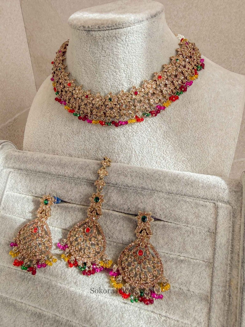 Priyansha Colourful Beaded Necklace Set - Golden - SOKORA JEWELSPriyansha Colourful Beaded Necklace Set - Golden