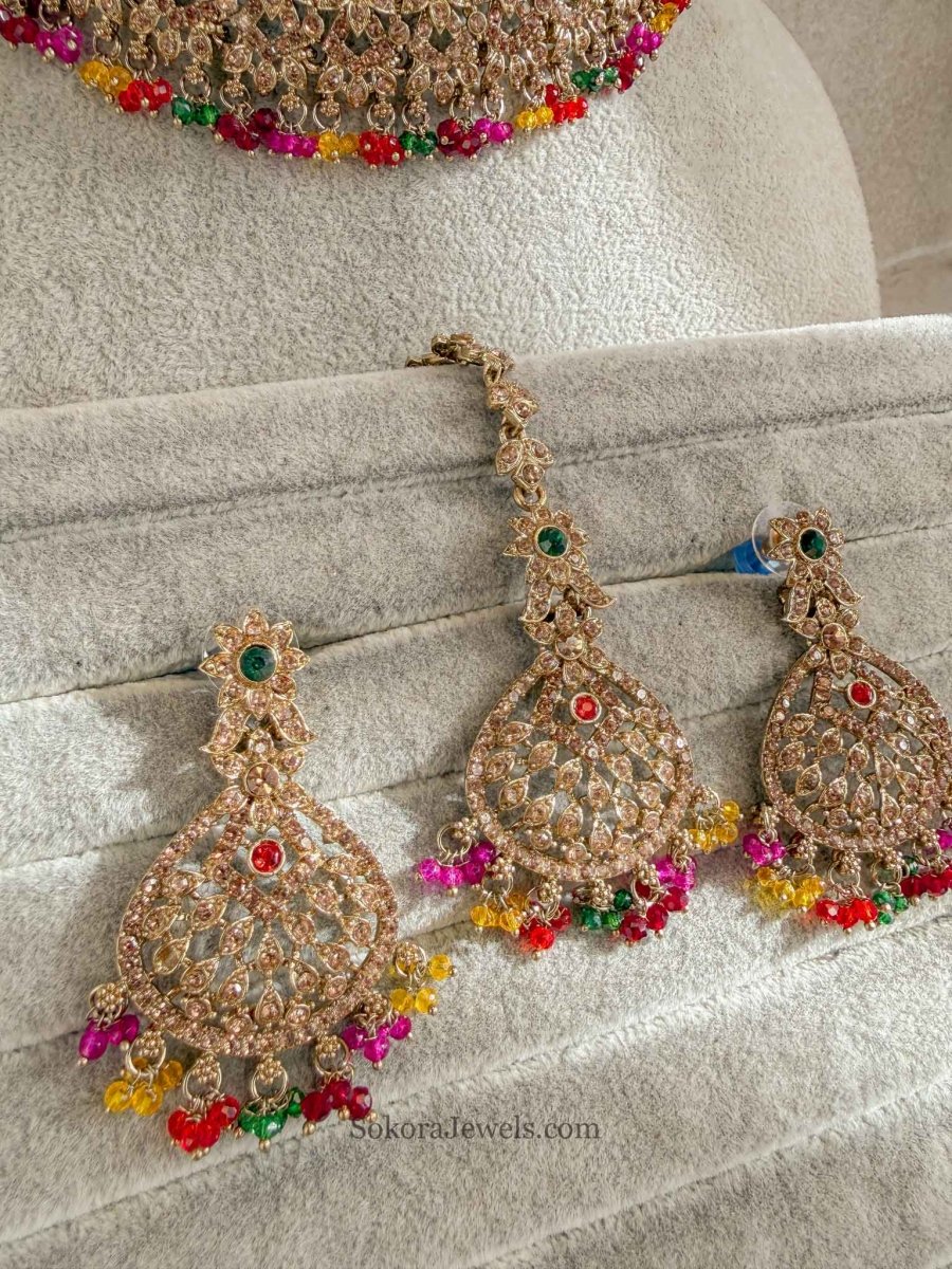 Priyansha Colourful Beaded Necklace Set - Golden - SOKORA JEWELSPriyansha Colourful Beaded Necklace Set - Golden