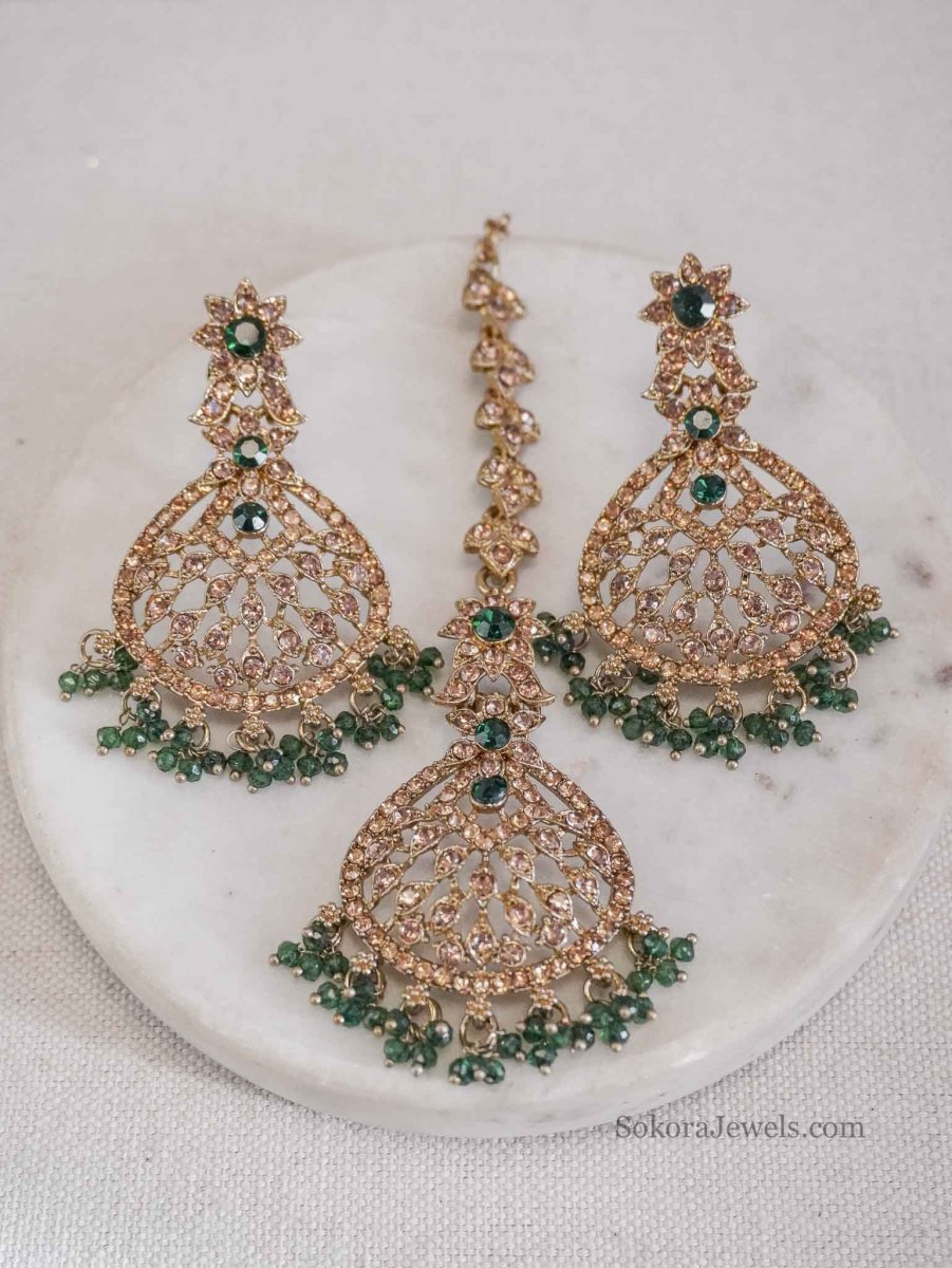 Priyansha Golden Earrings & Tikka sets - SOKORA JEWELSPriyansha Golden Earrings & Tikka sets